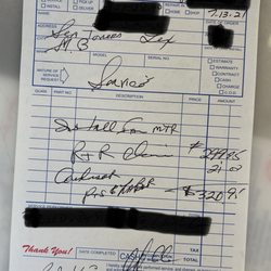 Atlas Appliance Service - Receipt for work neither approved by customer on July 13th nor completed until July 27th.