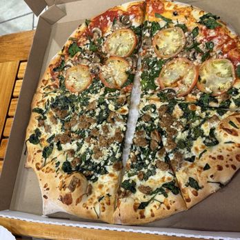 Boston's North End Pizza Bakery - Half sausage, garlic, spinach and half "Big Red" tomato, mushroom and spinach - Pizza Near Me - Aiea, Hawaii Boston's North End Pizza Bakery - Half sausage, garlic, spinach and half "Big Red" tomato, mushroom and spinach - Pizza Near Me - Aiea, Hawaii