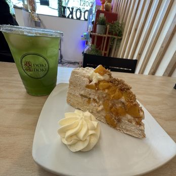 Doki Doki - Peach cobbler crepe cake slice and longan supreme fruit tea - Desserts Near Me - Salt Lake City, Utah Doki Doki - Peach cobbler crepe cake slice and longan supreme fruit tea - Desserts Near Me - Salt Lake City, Utah