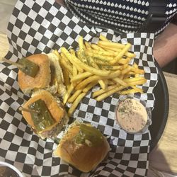 Munchie Burger - Bacon cheeseburger sliders with fries and a delicious dipping sauce.