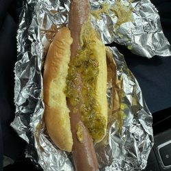 Bobby T's. Hot Dogs - Natural casing hot dog with brown mustard and sweet relish.