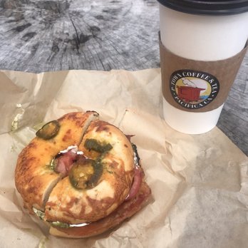 P-Town Coffee & Tea - The 56 Bagel and oat milk latte - Coffee & Tea Near Me - Pacifica, California