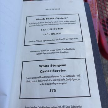 Sinor-LaVallee - Menu as of August 2025. Oysters are from Morro Bay and delicious! - Wine Tasting Room Near Me - Avila Beach, California