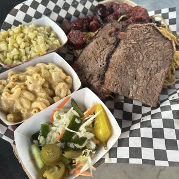 Battambong BBQ - Two meat platter - brisket and Cambodian style sausage- sides were mac, corn, and noodles - Barbeque Near Me