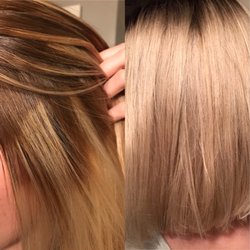 From a patchy stripy mess to a beautiful icy blonde!  Thank you Song!