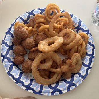 Roy's Squeeze Inn - One order of curly fries, onion rings, and fried mushrooms. - Burgers Near Me - Ypsilanti, Michigan