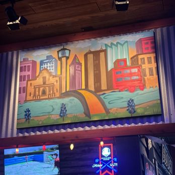 Bubba's 33 - Stylized poster of the city, exemplar of features rounding the eatery - Burgers Near Me - San Antonio, Texas