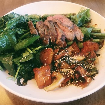 Flower Child - Pick Three - sautéed spinach, Sichuan green beans, and red chili glazed sweet potatoes (and added grass-fed steak for protein) - Salad Near Me - Houston, Texas