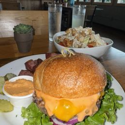Black bean burger with sweet potato chunks