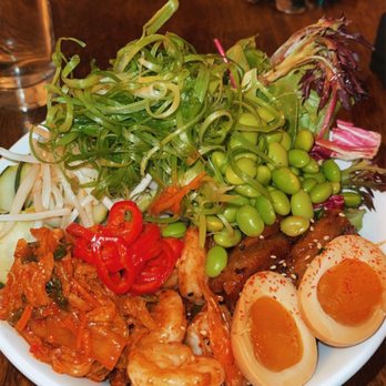 Momona - sushi rice, egg, chili butter shrimp, pork belly w hoisin, cucumbers, edamame, kimchi, mochiko fried chicken w/ aioli, Fresno chiles. - Ramen Near Me - Chico, California