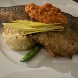 Roasted sea bass with scalloped potatoes and vegetables