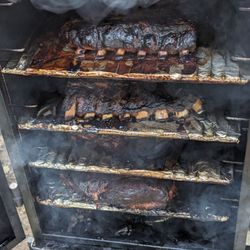 Got my smoker at Lowe's, storms passed at noon yay, so hubby and I had our ribs marinated until it was safe. One more hour!