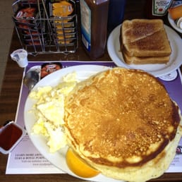 Biggest darn pancake you will ever see. Ask the server for a stack of three and you will be warned. One is enough!