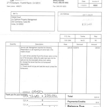 James LeCourt Plumbing - $225 for telling us that it is homeowner's responsibility - Plumbing Near Me - Foothill Ranch, California James LeCourt Plumbing - $225 for telling us that it is homeowner's responsibility - Plumbing Near Me - Foothill Ranch, California