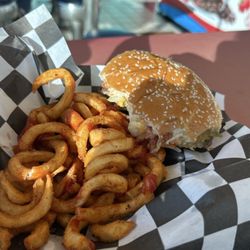 Cuba cheeseburger and curly fries