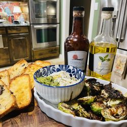 Trader Joe's - Roasted thank Brussel-Sprouts with Balsamic Glaze, and Burrata with Pesto.