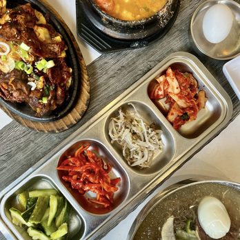 Chodang Tofu House - banchan and food spread - Korean Near Me - Mount Prospect, Illinois