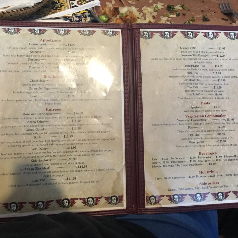 The menu was not detailed enough for me considering its my first time having Ethiopian. The menu was not detailed enough for me considering its my first time having Ethiopian.