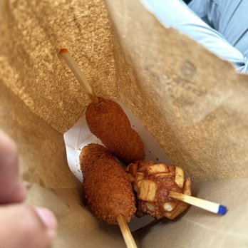 Oh K-Dog - My friend and I ordered the 10. Potato Mozza Dog (blue) 4. Cheddar Hot Dog (green) 2. Rice Cake Dog. - Hot Dogs Near Me - Austin, Texas Oh K-Dog - My friend and I ordered the 10. Potato Mozza Dog (blue) 4. Cheddar Hot Dog (green) 2. Rice Cake Dog. - Hot Dogs Near Me - Austin, Texas