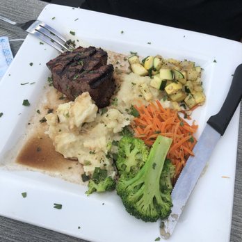 Luke's On Front - 8 ounce hand cut steak with mashed potatoes and seasonal veggies - New American Near Me - Temecula, California Luke's On Front - 8 ounce hand cut steak with mashed potatoes and seasonal veggies - New American Near Me - Temecula, California
