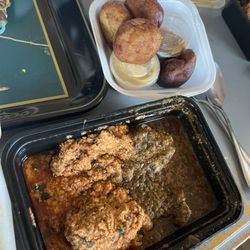 Good Grace African Market Williamsport - (Top) Dessert: Puff Puffs with mango and peanut butter sauce (Bottom) Chicken Eguisi and Cassava Leaf Soup