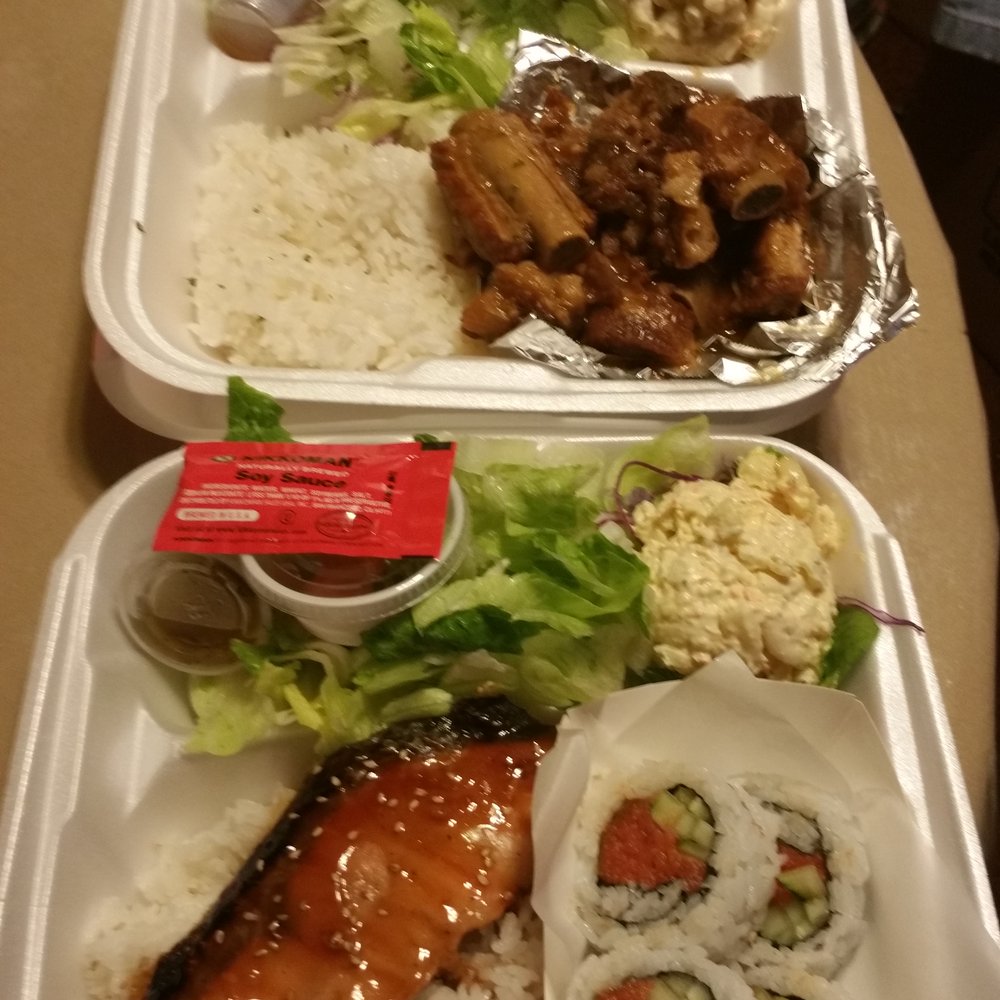 Ladybug Café - Miso salmon & tuna rolls (bottom) my moms sweet & sour spare ribs (top). - Japanese Near Me - Gardena, California