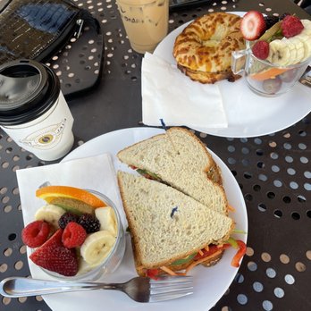Just Java Coffee - Vegan Veggie Sandwich and Egg Breakfast Sandwich with a Chai Tea Latte and Lavender Iced Latte - Coffee & Tea Near Me - Bermuda Dunes, California