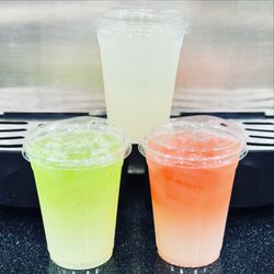 Burrito Corner - Lemonade with included  shot of fruit puree if you like.  Original, strawberry and cucumber
pictured.