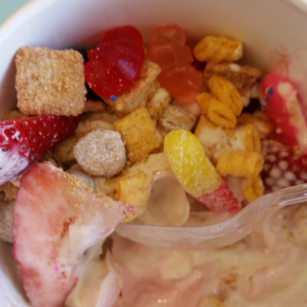 Yogurtland - Strawberry cheesecake and coffee yogurt with cookie dough, strawberries, marshmallow creme, animal cookies, sour worms. Yummy - Ice Cream & Frozen Yogurt Near Me - Palmdale, California Yogurtland - Strawberry cheesecake and coffee yogurt with cookie dough, strawberries, marshmallow creme, animal cookies, sour worms. Yummy - Ice Cream & Frozen Yogurt Near Me - Palmdale, California