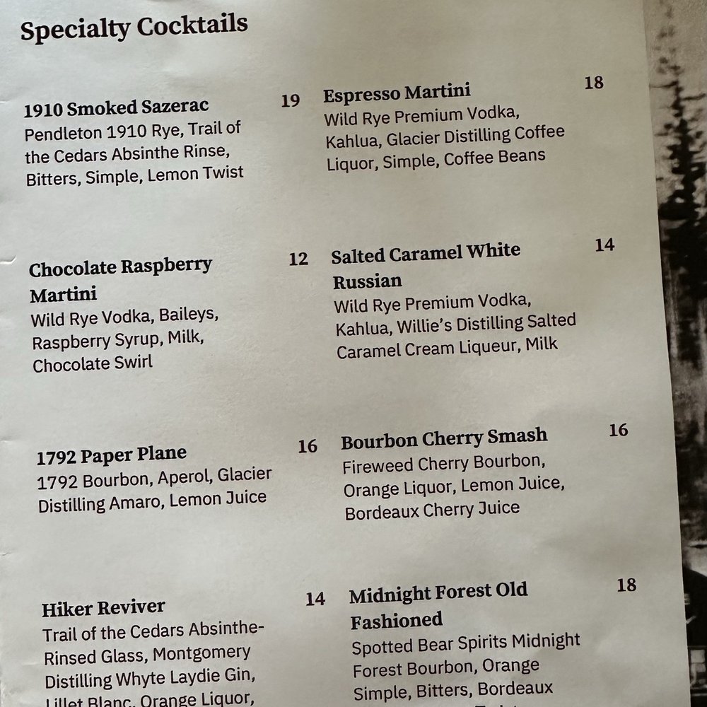 Belton Chalet - Menu specialty Cocktails - Hotels Near Me - West Glacier, Montana