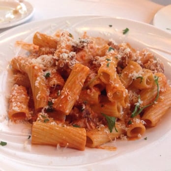 Cafe Silvium - Rigatoni Gnact Gnact: Rigatoni with prosciutto, pancetta, and sausage, in a vodka sauce (the shredded cheese on top is optional) - Italian Near Me - Stamford, Connecticut