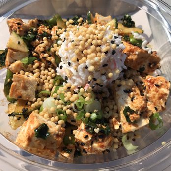 Pokeworks - Sweet Chili Tofu with surimi salad and toasted rice puffs on top - Salad Near Me - Omaha, Nebraska