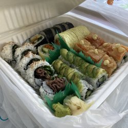 Just Delicious Japanese Bistro - The Teriyaki beef roll (left), Futomaki (top), Veggie and Tofu Roll, Yam Roll (right), and the Avocado & Cucumber Roll.