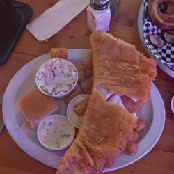 The Shop Bar & Grill - Walleye, coleslaw, sweet roll, tater tots.