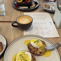 Eggs Benedict, French Toast, Latte