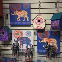 Quips N Quotes - (2017) Whimsical elephant decor and bird houses for home or office.