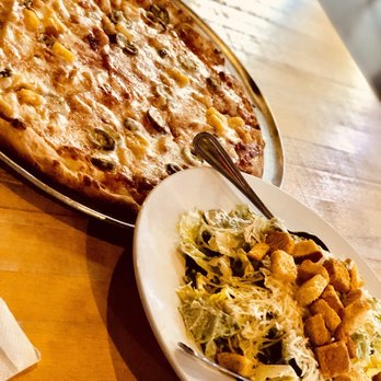 Piggie Pies Pizza - Caesar salad and thin crust cheese pizza with jalapeños and pineapple. - Pizza Near Me - Dallas, Texas
