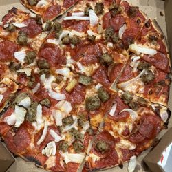 Domino's Pizza - Medium Thin crust pepperoni, onion, sausage and light cheese