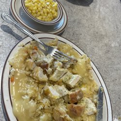 Mrs. V's Restaurant - Chicken Kiev with rice and corn