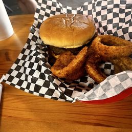 RD's 1/4 lb burger with onion rings! Those onion rings were THE BEST, crunchy outside with just right soft onion inside!