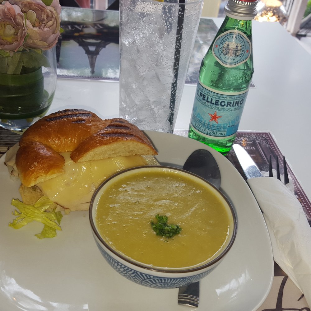 Cafe Paris - Lunch special: Pea soup garnished with Parsley, a half croissant sandwich w/turkey, swiss, lettuce & tomato. - Creperies Near Me - Metuchen, New Jersey Cafe Paris - Lunch special: Pea soup garnished with Parsley, a half croissant sandwich w/turkey, swiss, lettuce & tomato. - Creperies Near Me - Metuchen, New Jersey