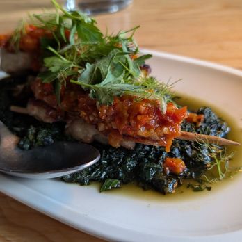 Anelya - Chicken Shashlik (thighs on skewers with braised nettles and tomato/pepper) - Ukrainian Near Me - Chicago, Illinois