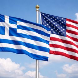 Acropolis Greek Restaurant - Greek and american flags