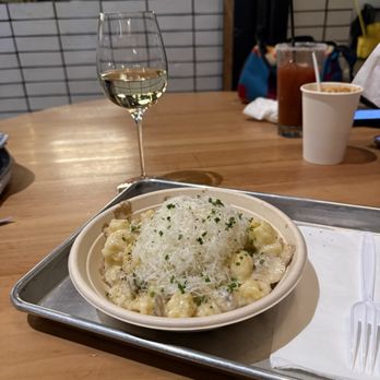 Sawmill Market - Truffle and mushroom pasta and a local wine - Food Court Near Me - Albuquerque, New Mexico