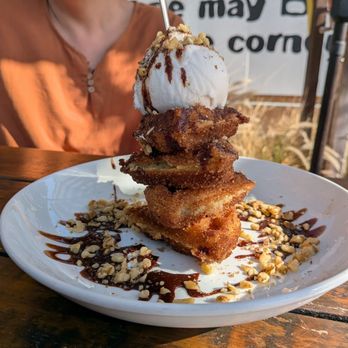 Seabirds Kitchen - Chaffle with vanilla ice cream, churro waffles, chocolate drizzle and walnuts - Vegan Near Me - Costa Mesa, California
