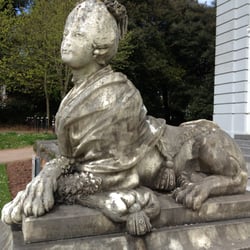Oldway Mansion - Terrace statuary : neither woman,nor lion. From the terraces in the 18th century you could see out to the sea,. Now trees block