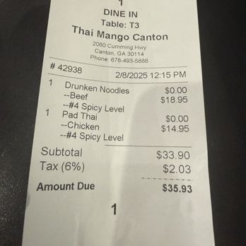 Thai Mango  - This was drunken noodles and pad Thai ordered today February 2024. If you wanted beef on the pad Thai, it would be four dollars more. - Thai Near Me - Canton, Georgia