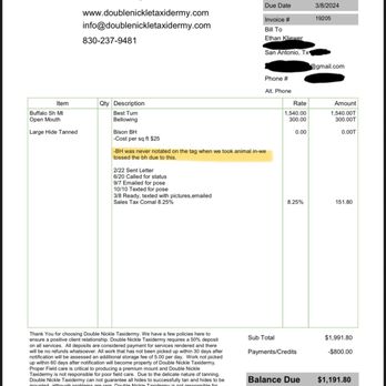 Double Nickle Taxidermy - Invoice where I found out that they had thrown away the backhide - Taxidermy Near Me - New Braunfels, Texas