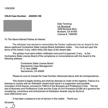 LA Structural - CSLB award letter - Foundation Repair Near Me - Burbank, California