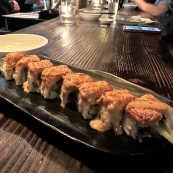 Hapa Izakaya - Smoky Salmon Oshi Sushi - I usually don't like 'torched' rolls, but it was a light and so delicious, especially with the crunchy asparagus. - Japanese Near Me - Vancouver, British Columbia